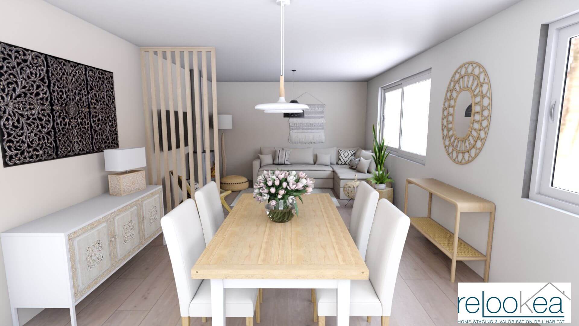 Un salon de style rustique rénové avec des teintes douces et du mobilier en bois clair